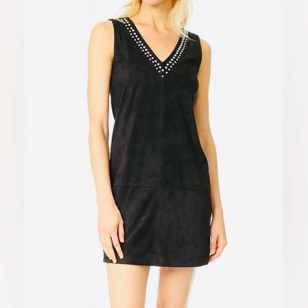 BB DAKOTA Black Mini Faux Suede Dress with Studded V-Neck